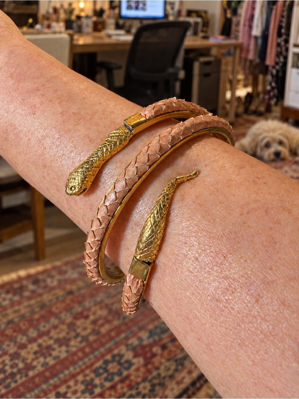 Vintage Gold & Pink Scaled Leather Double-Headed Snake Wrap Bracelet
